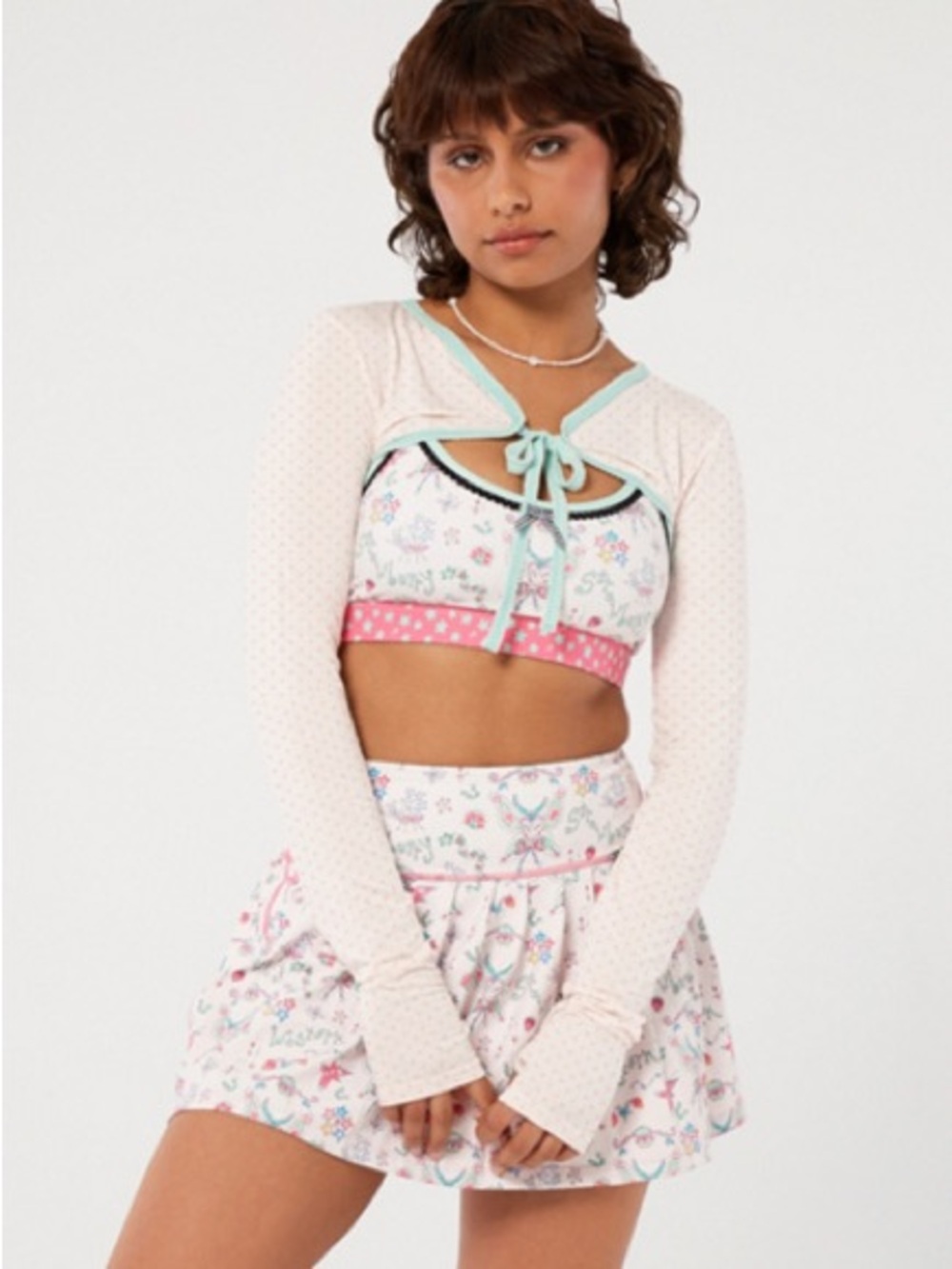 Strawberry Western Polka Dot Print Bolero with Teal Tie Detail - Pink/White
